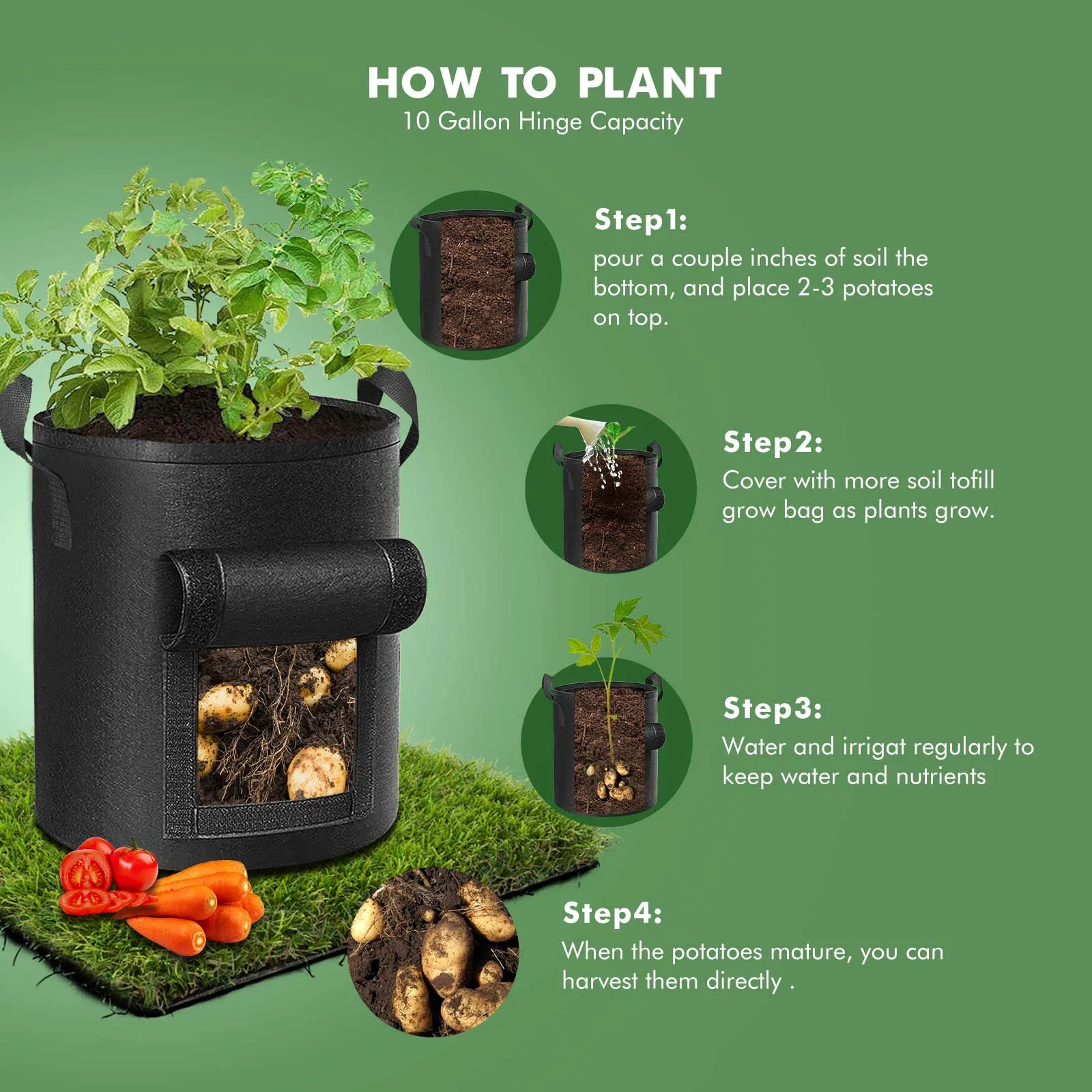 5-Pack 10 Gallons Plant Grow Bag | Potato Container Pots with Handles | Garden Planter | Black