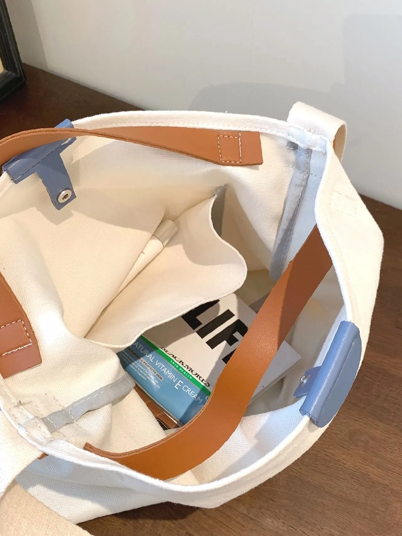binfenxie - Colorblock Canvas Top Handle Tote Bag  - Women Tote Bags