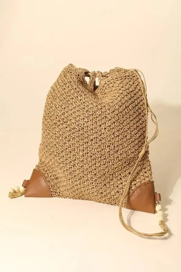 Black Straw Braided Fashion Drawstring Backpack
