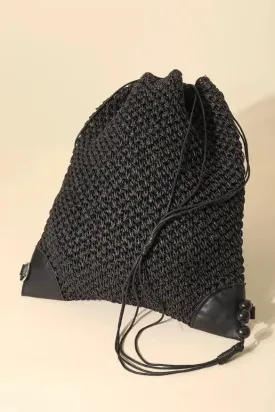 Black Straw Braided Fashion Drawstring Backpack