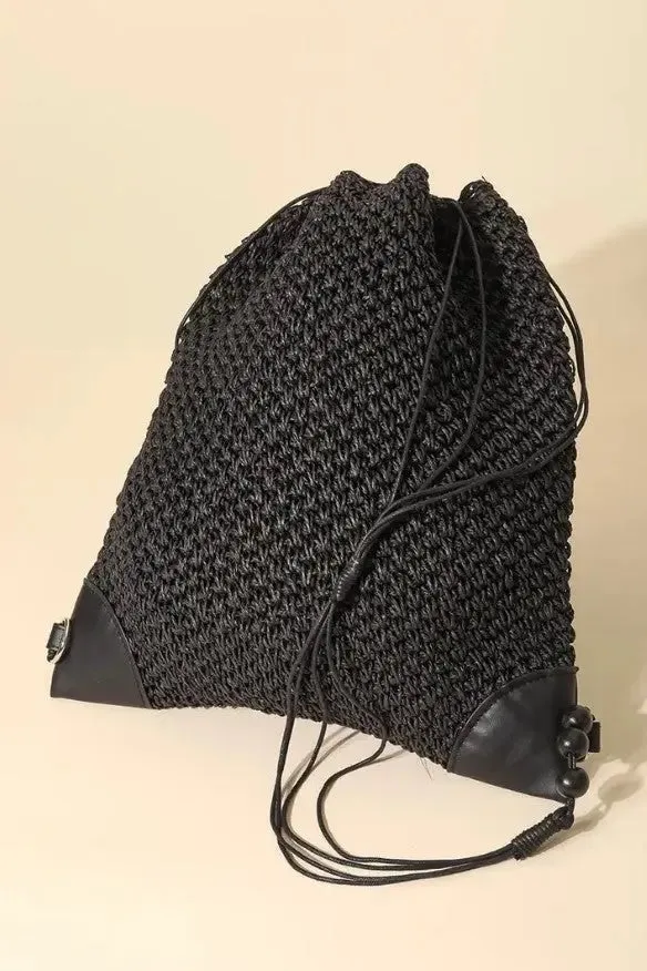 Black Straw Braided Fashion Drawstring Backpack