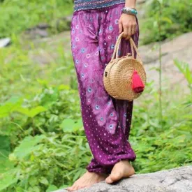 Bohemian Round Hand Woven Straw Clutch Bag - Iraca Palm Bag with Playful Tassels
