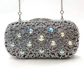 Chic Rhodium-Plated White Metal Evening Clutch with Crystal Accents