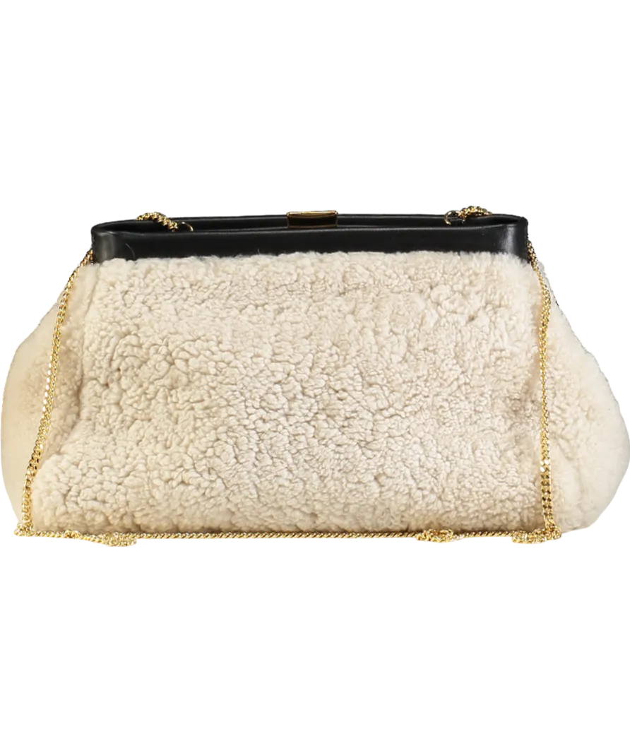 DeMellier Cream N102 Cannes Shearling Clutch Bag with chain strap
