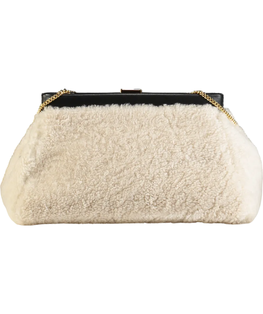 DeMellier Cream N102 Cannes Shearling Clutch Bag with chain strap