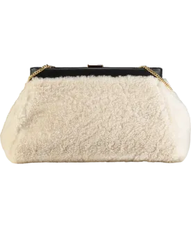 DeMellier Cream N102 Cannes Shearling Clutch Bag with chain strap