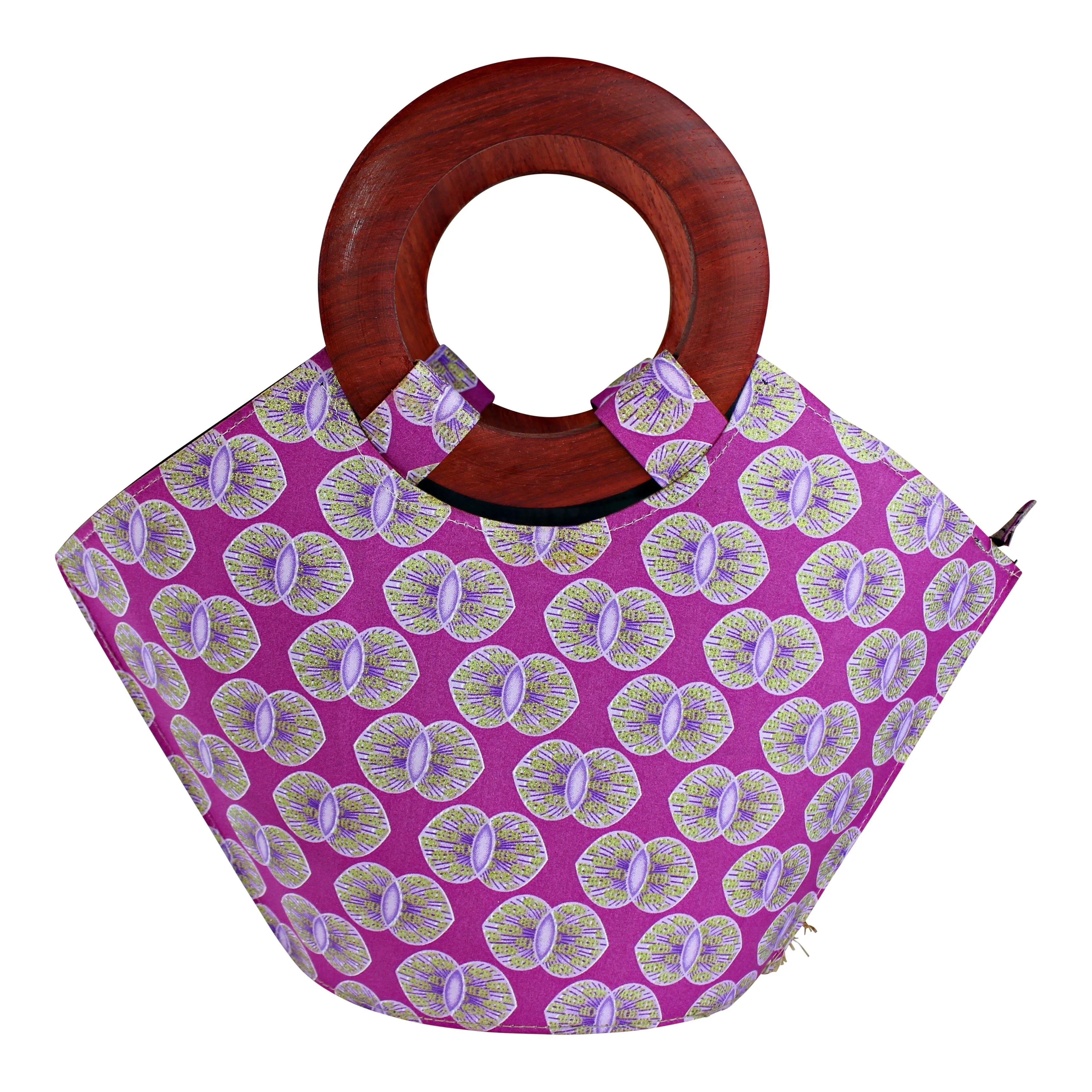 Ebele Hand Woven Raffia Fibers Basket African Bag with Wood Handle - Pink