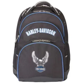Harley-Davidson Backpack w/Steel Cable Strap & Harley Eagle, Black w/Blue Trim 99220
