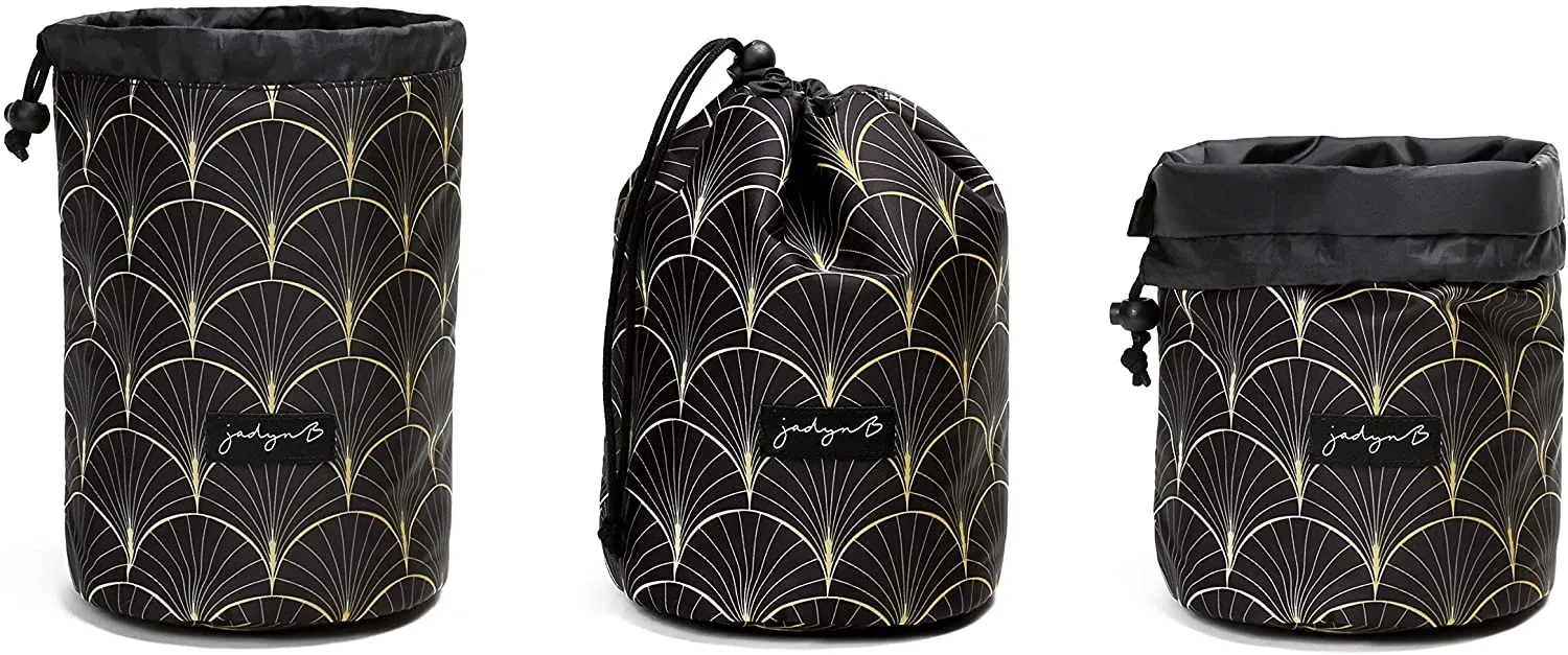 Jadyn B Cinch Top Compact Travel Makeup Bag and Cosmetic Organizer for Women (Deco Frond)