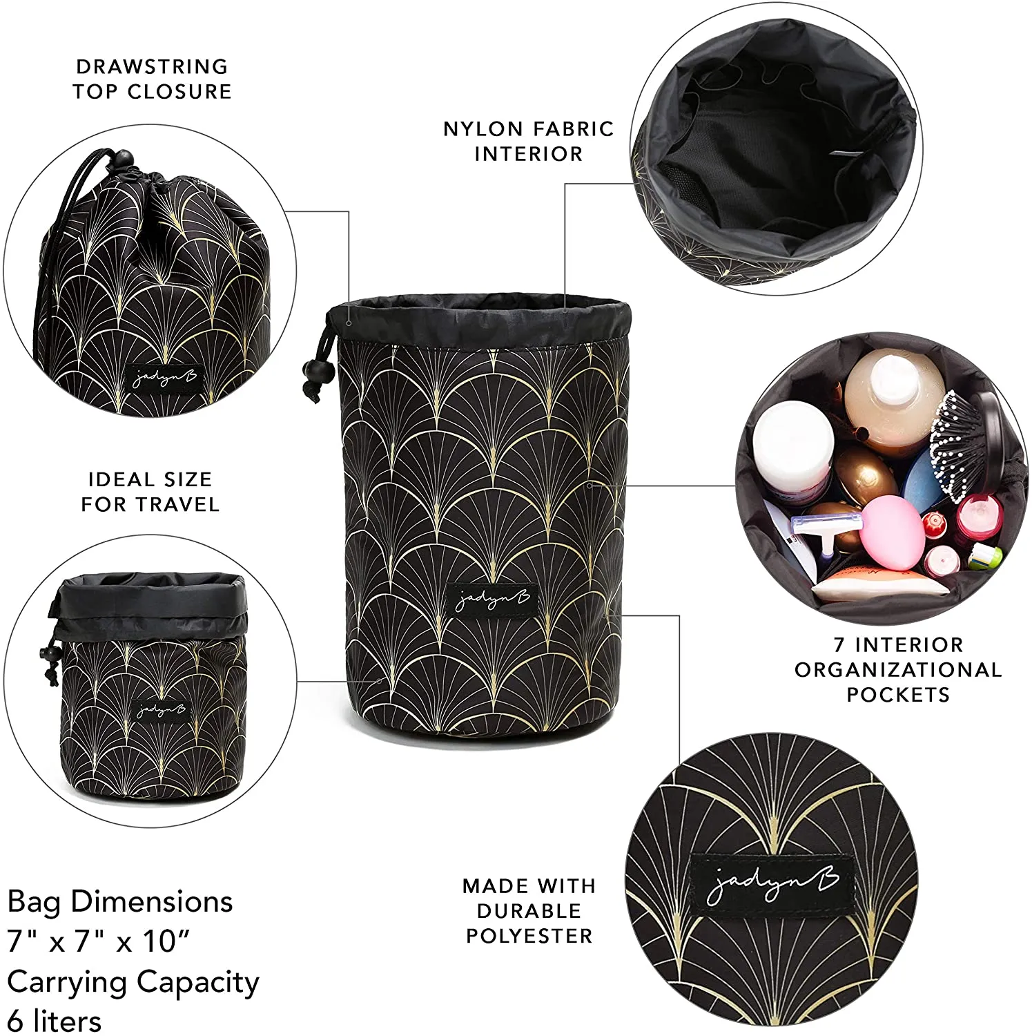 Jadyn B Cinch Top Compact Travel Makeup Bag and Cosmetic Organizer for Women (Deco Frond)