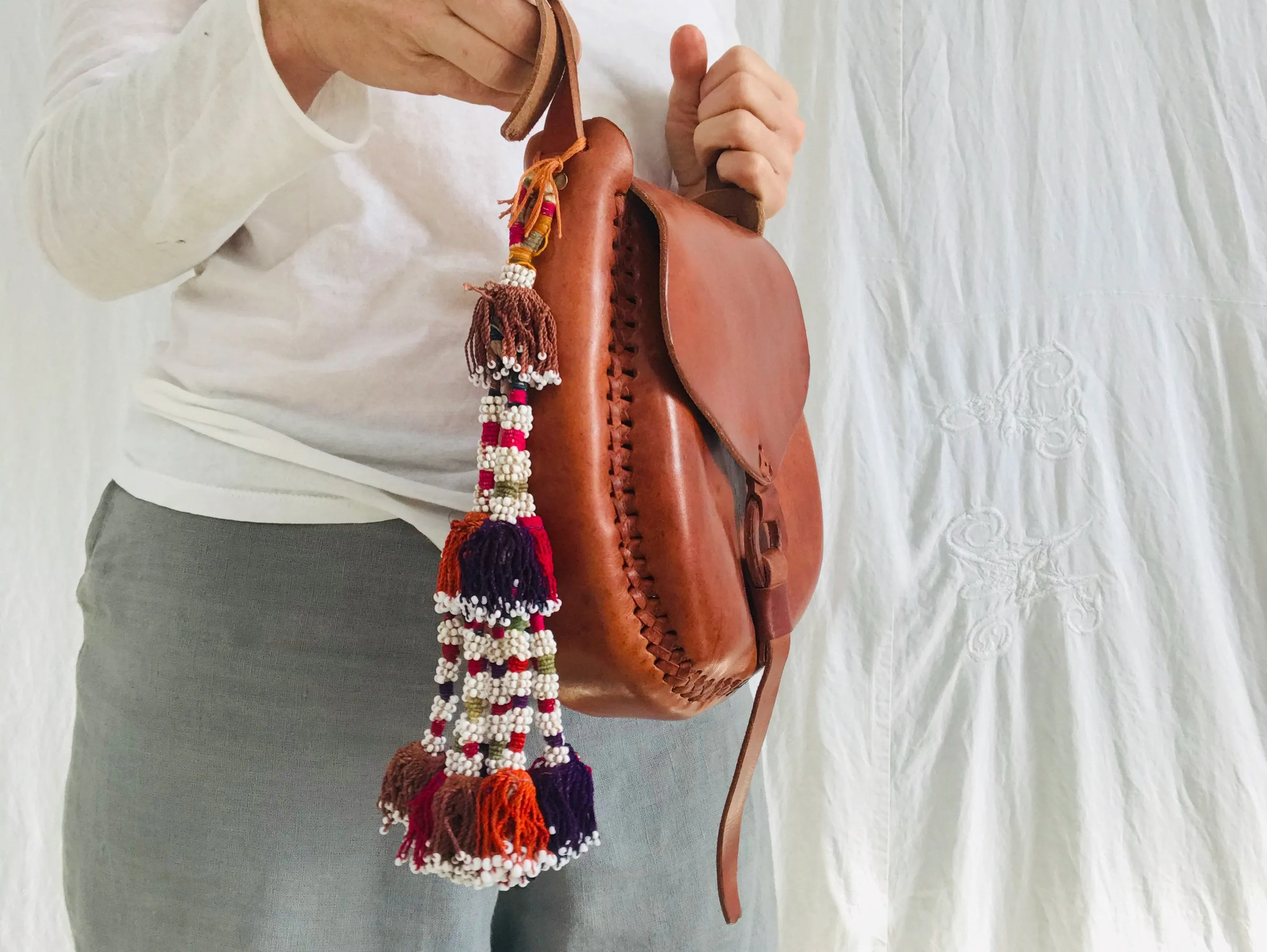 Leather Purse & Silk Tassel. Adjustable Strap. Chamula Pompom Tassels