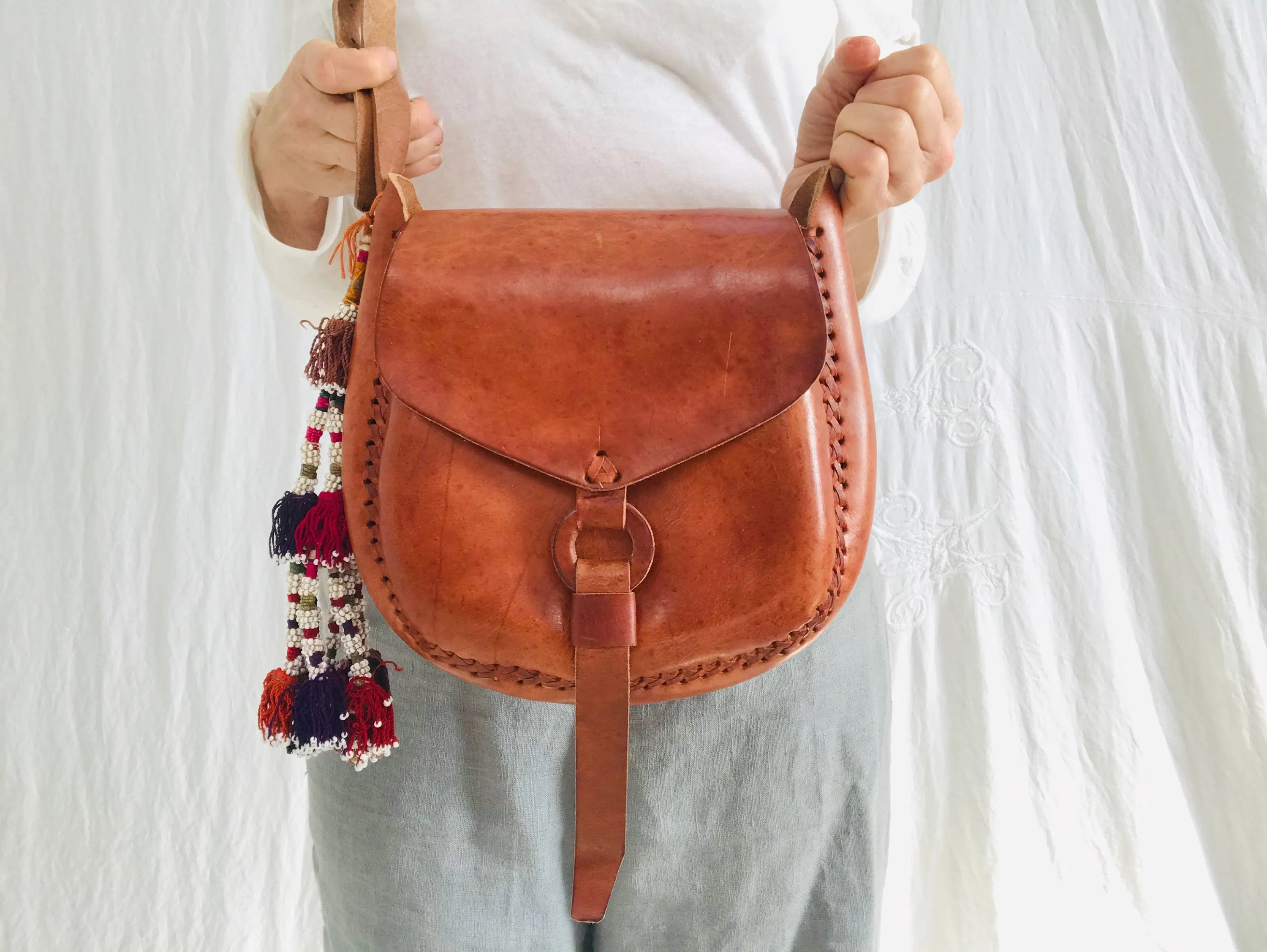 Leather Purse & Silk Tassel. Adjustable Strap. Chamula Pompom Tassels