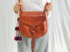 Leather Purse & Silk Tassel. Adjustable Strap. Chamula Pompom Tassels