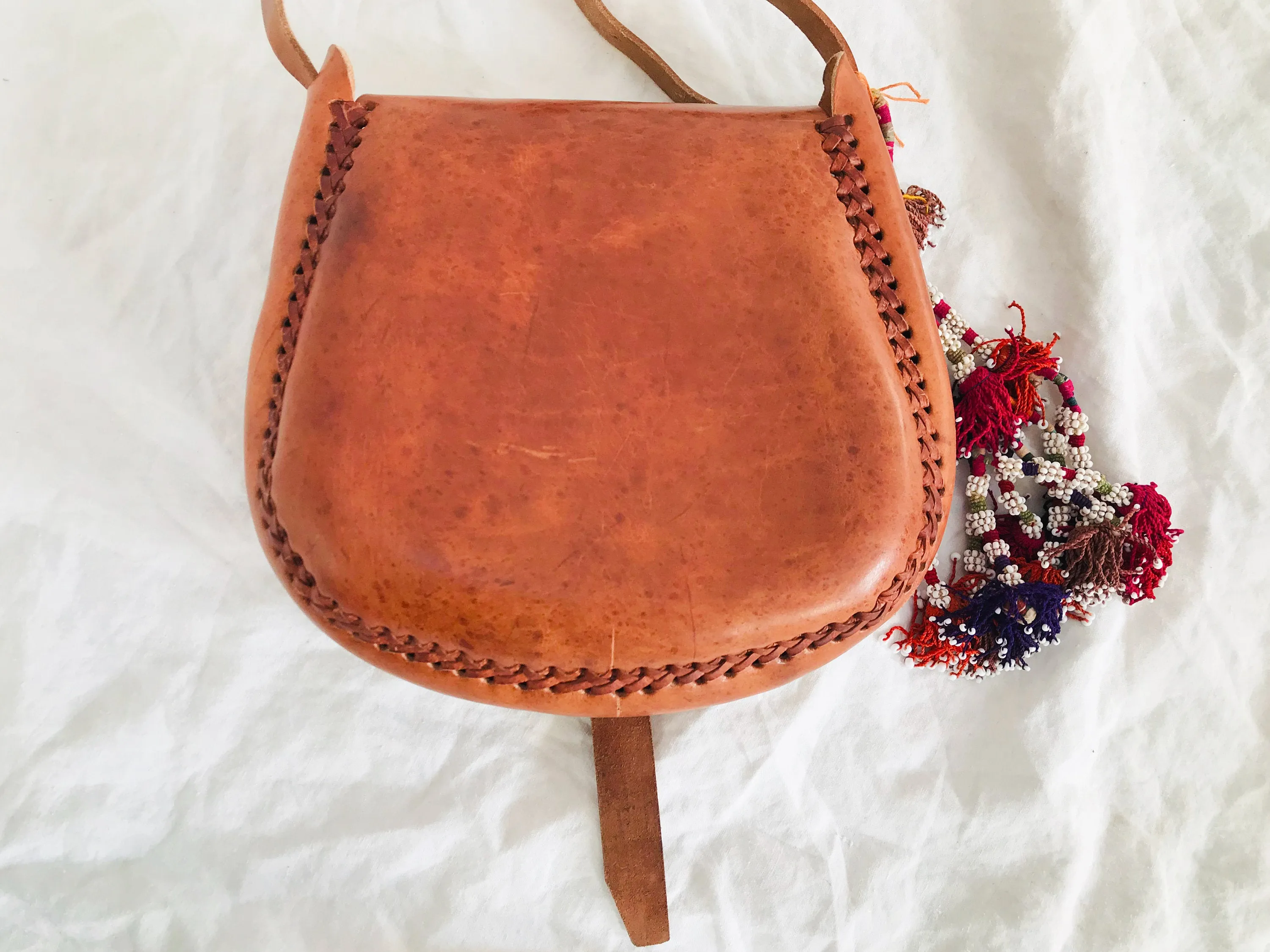 Leather Purse & Silk Tassel. Adjustable Strap. Chamula Pompom Tassels
