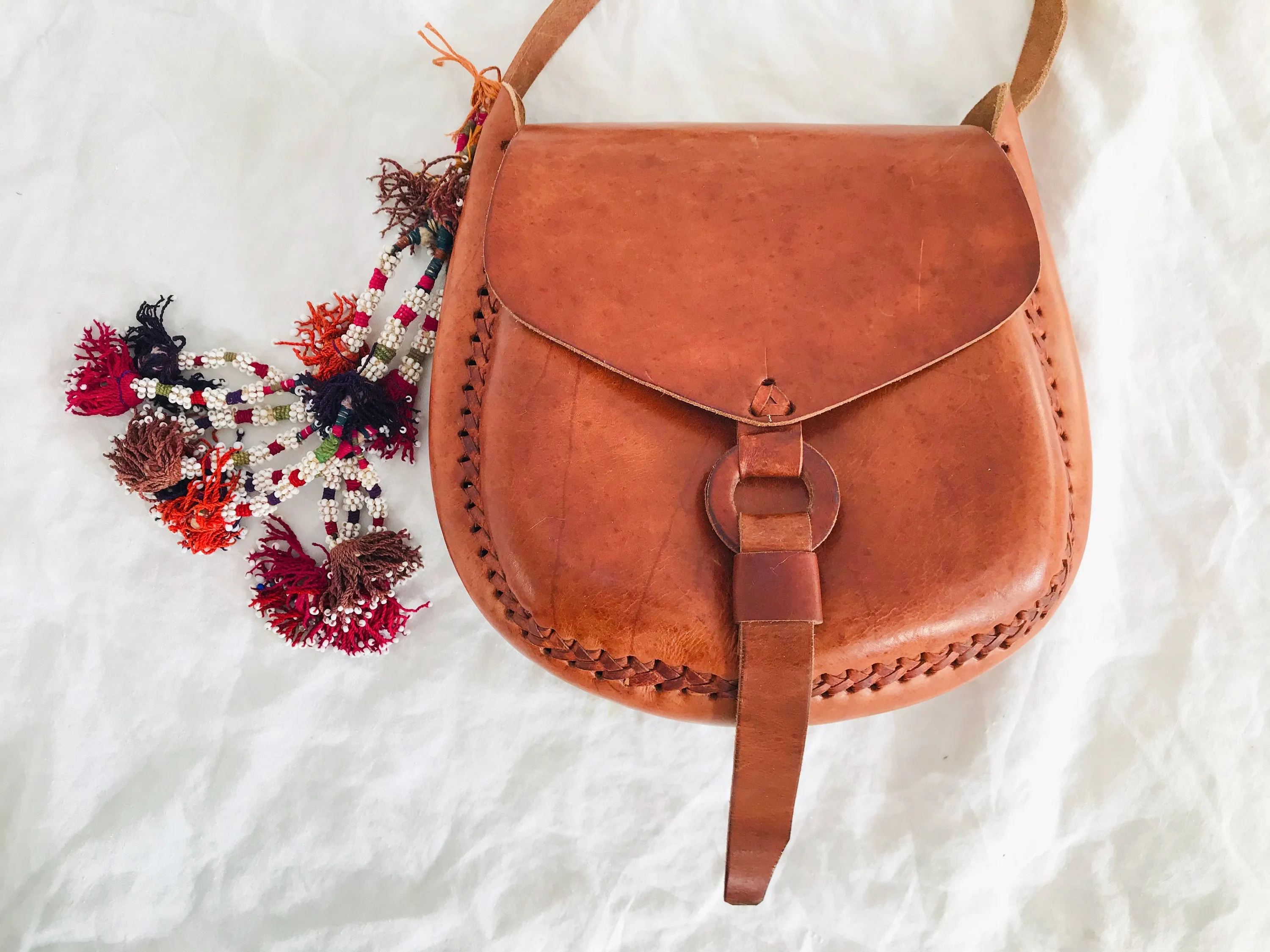 Leather Purse & Silk Tassel. Adjustable Strap. Chamula Pompom Tassels