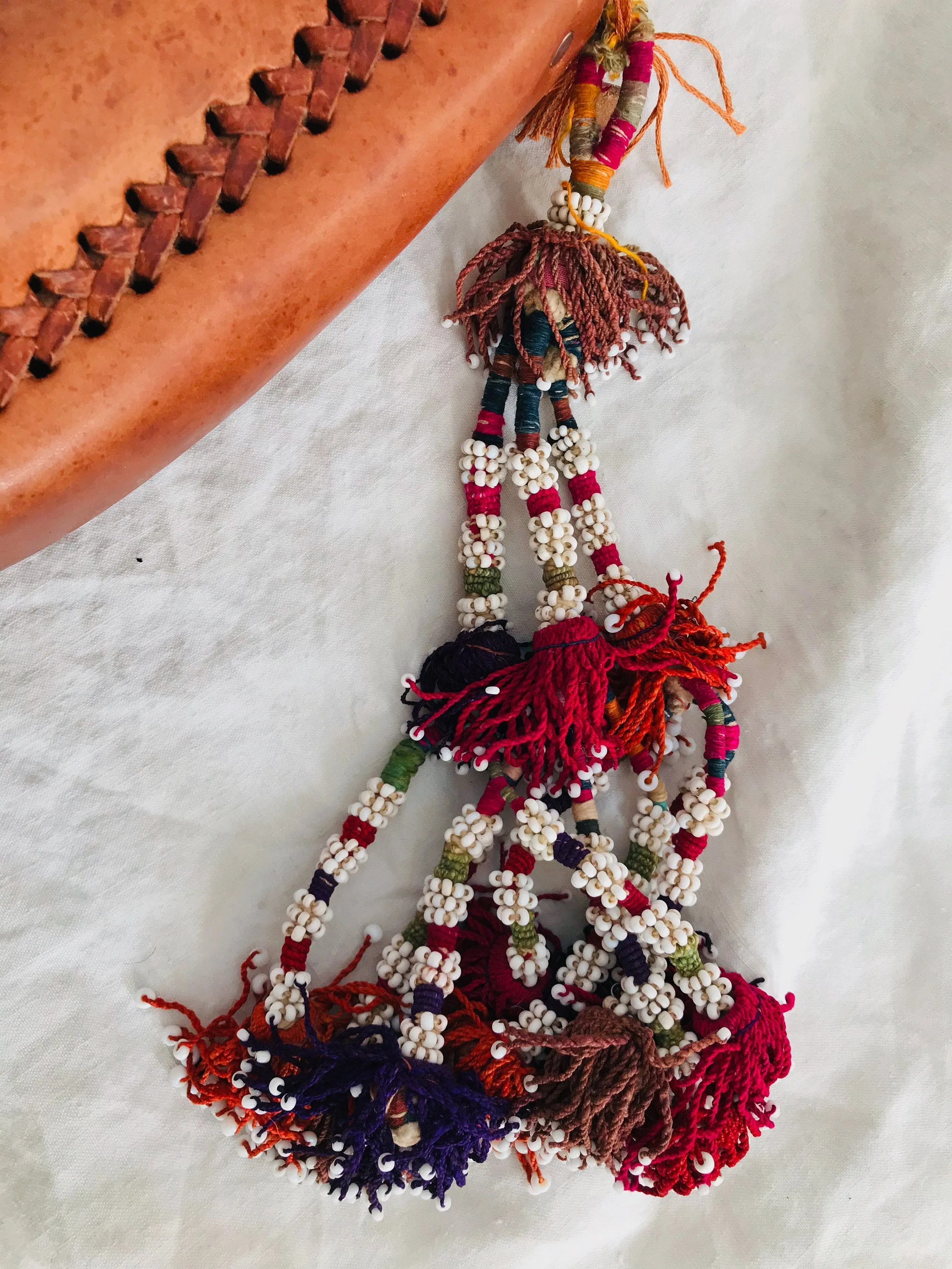 Leather Purse & Silk Tassel. Adjustable Strap. Chamula Pompom Tassels