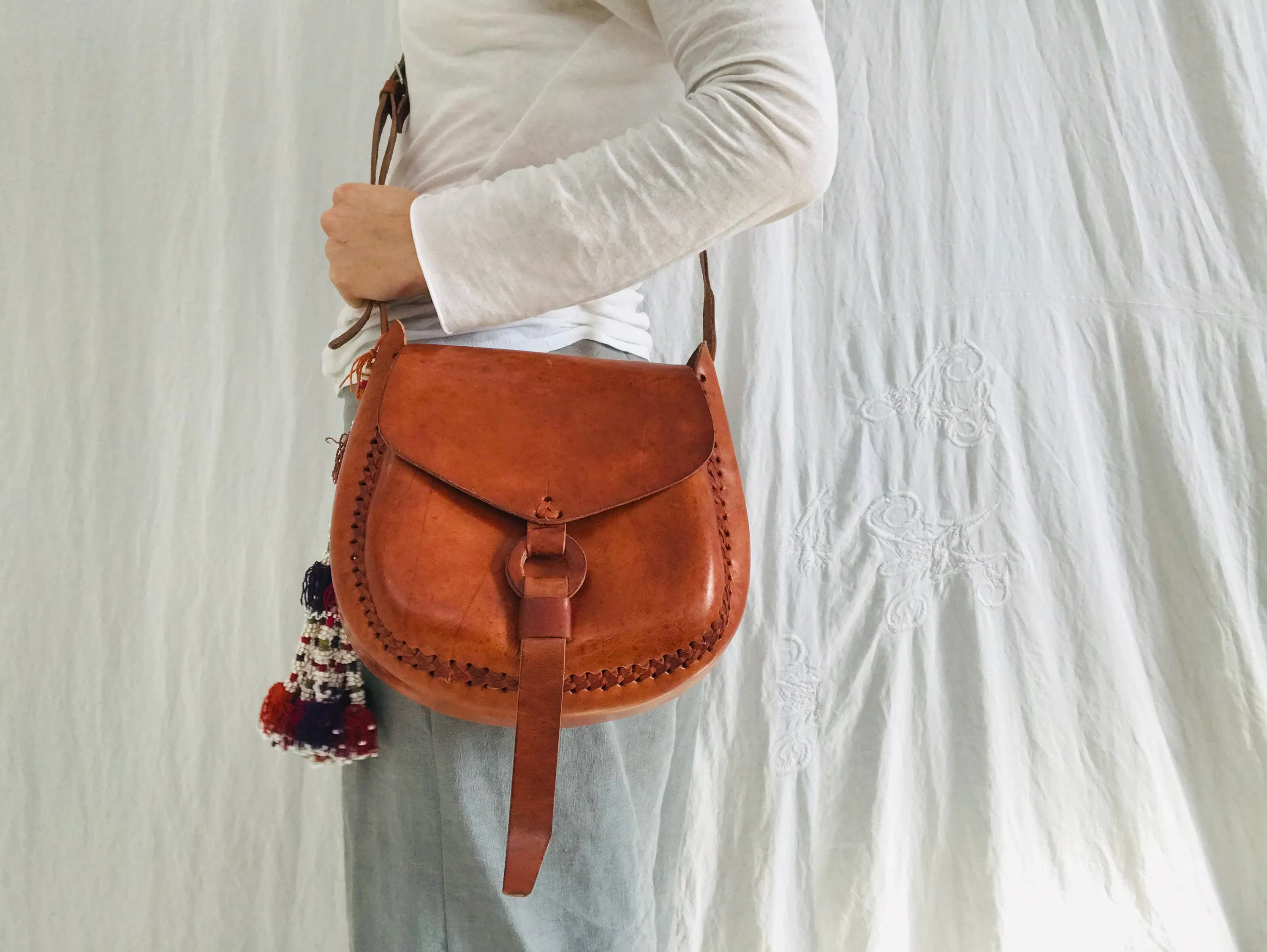 Leather Purse & Silk Tassel. Adjustable Strap. Chamula Pompom Tassels