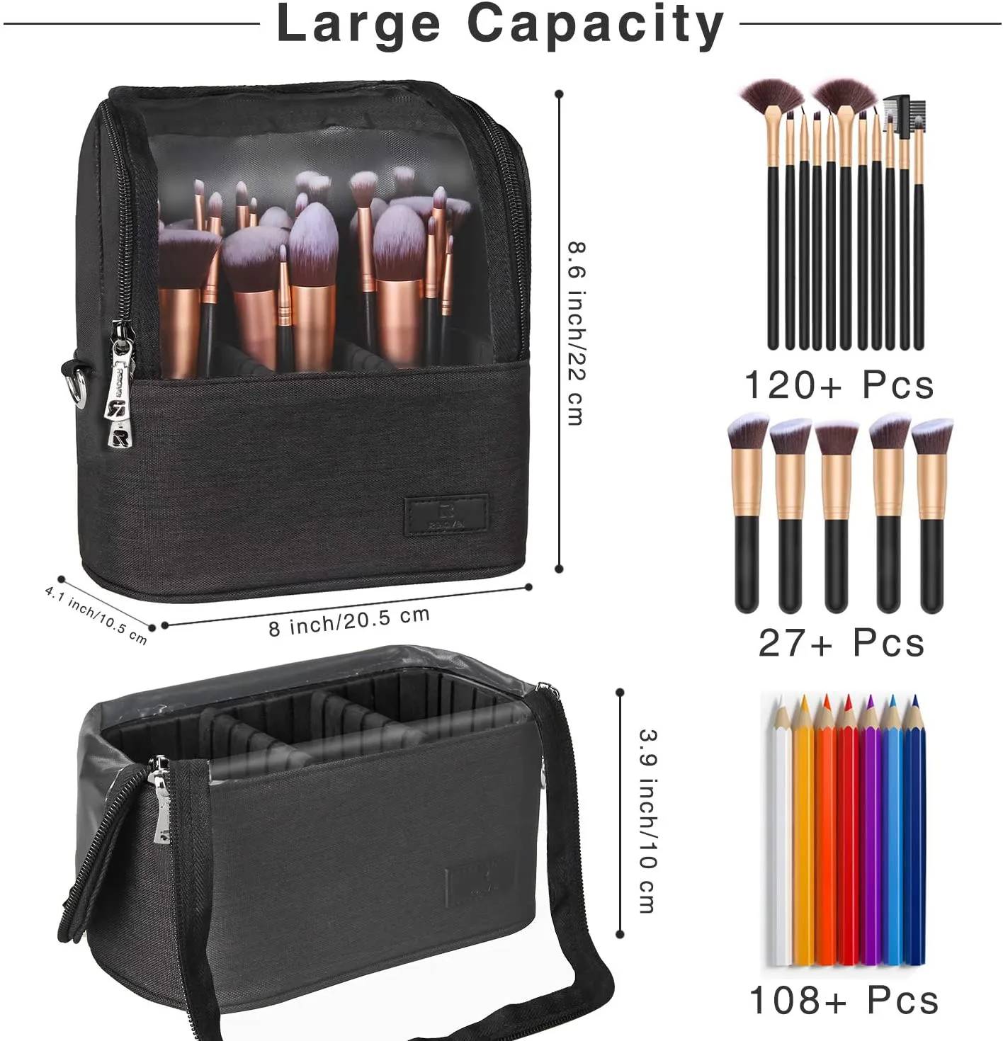 Makeup Brush Case Makeup Brush Holder Travel Makeup Bag for Women Cosmetic Bags Stand-up Brush Cup Professional Makeup Artist Storage Organizer with Shoulder Starp and Adjustable Dividers (Black)