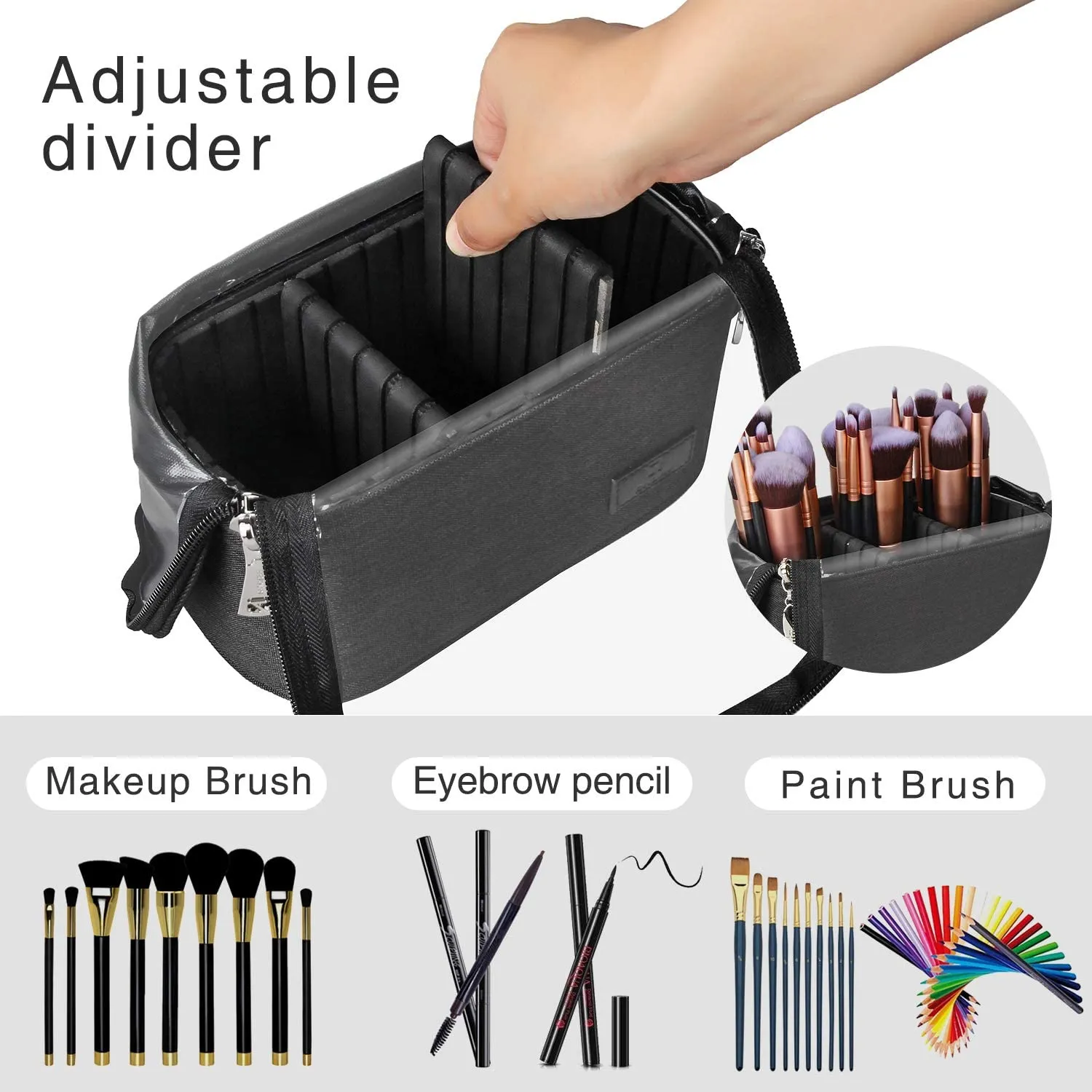 Makeup Brush Case Makeup Brush Holder Travel Makeup Bag for Women Cosmetic Bags Stand-up Brush Cup Professional Makeup Artist Storage Organizer with Shoulder Starp and Adjustable Dividers (Black)