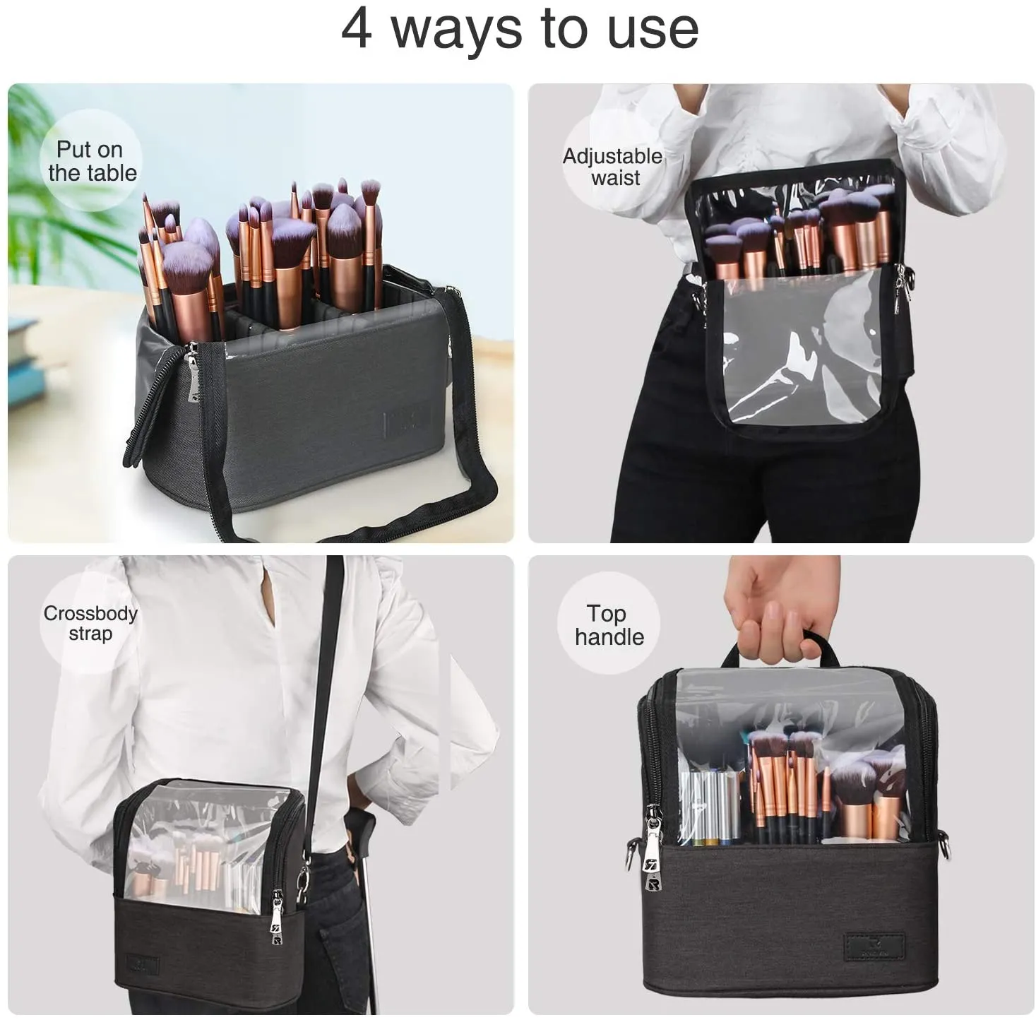 Makeup Brush Case Makeup Brush Holder Travel Makeup Bag for Women Cosmetic Bags Stand-up Brush Cup Professional Makeup Artist Storage Organizer with Shoulder Starp and Adjustable Dividers (Black)