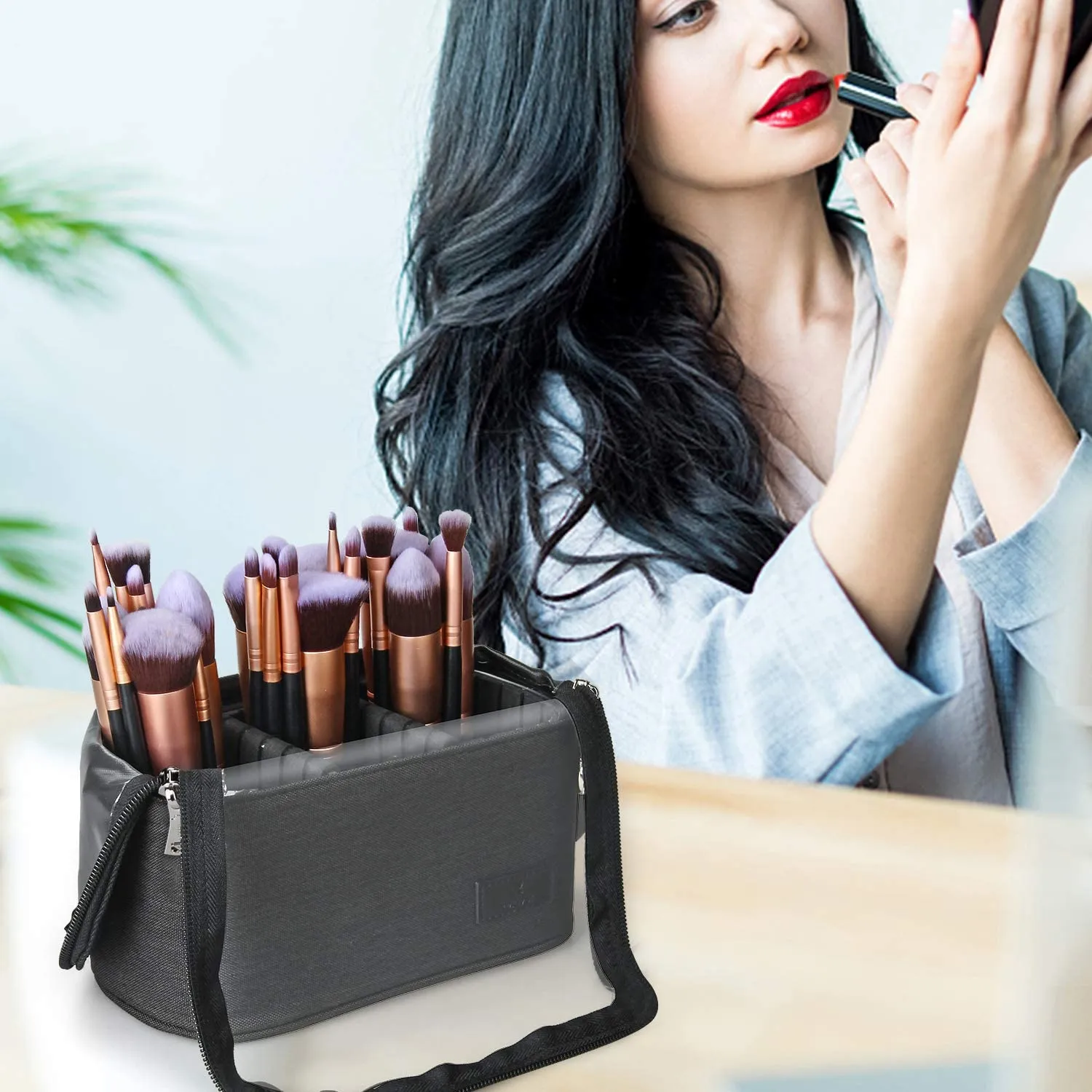 Makeup Brush Case Makeup Brush Holder Travel Makeup Bag for Women Cosmetic Bags Stand-up Brush Cup Professional Makeup Artist Storage Organizer with Shoulder Starp and Adjustable Dividers (Black)