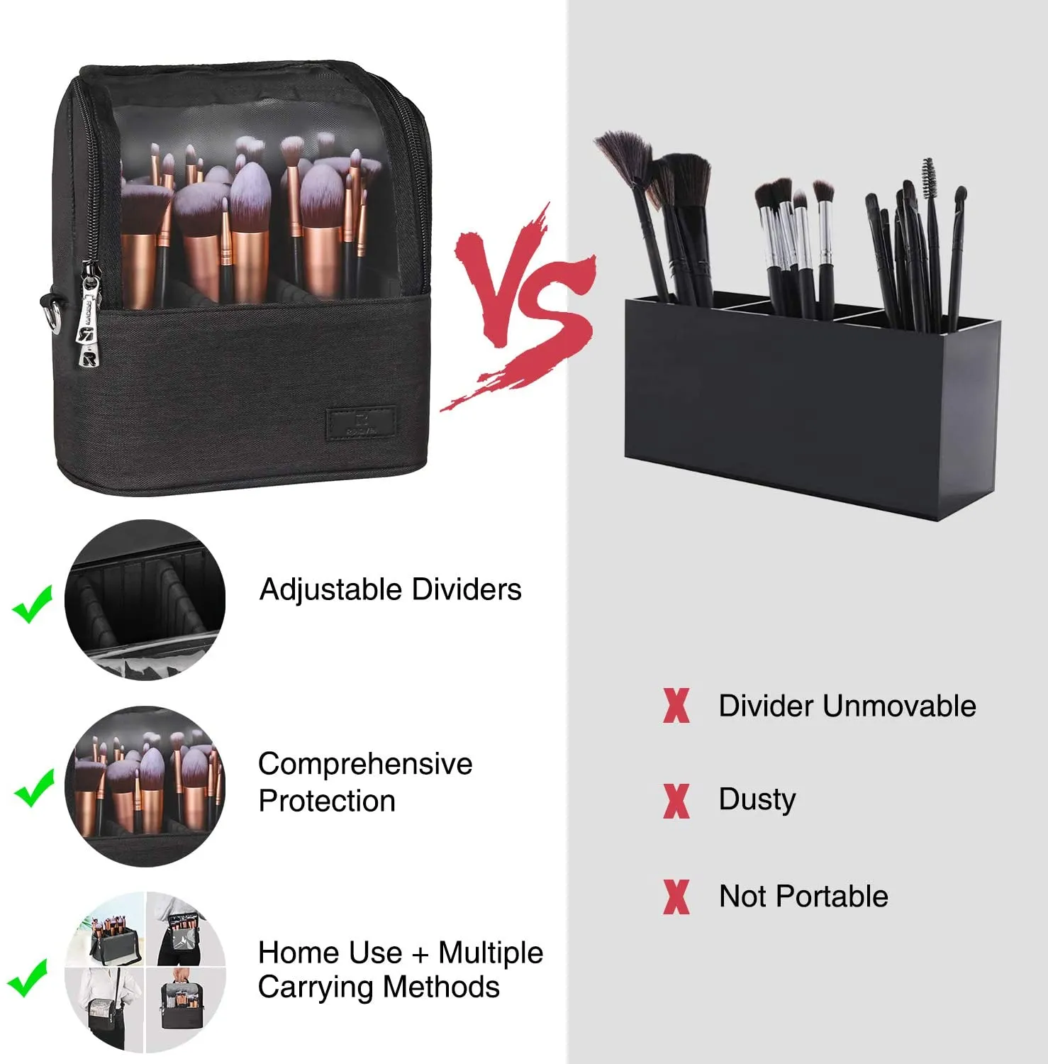 Makeup Brush Case Makeup Brush Holder Travel Makeup Bag for Women Cosmetic Bags Stand-up Brush Cup Professional Makeup Artist Storage Organizer with Shoulder Starp and Adjustable Dividers (Black)