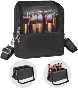 Makeup Brush Case Makeup Brush Holder Travel Makeup Bag for Women Cosmetic Bags Stand-up Brush Cup Professional Makeup Artist Storage Organizer with Shoulder Starp and Adjustable Dividers (Black)