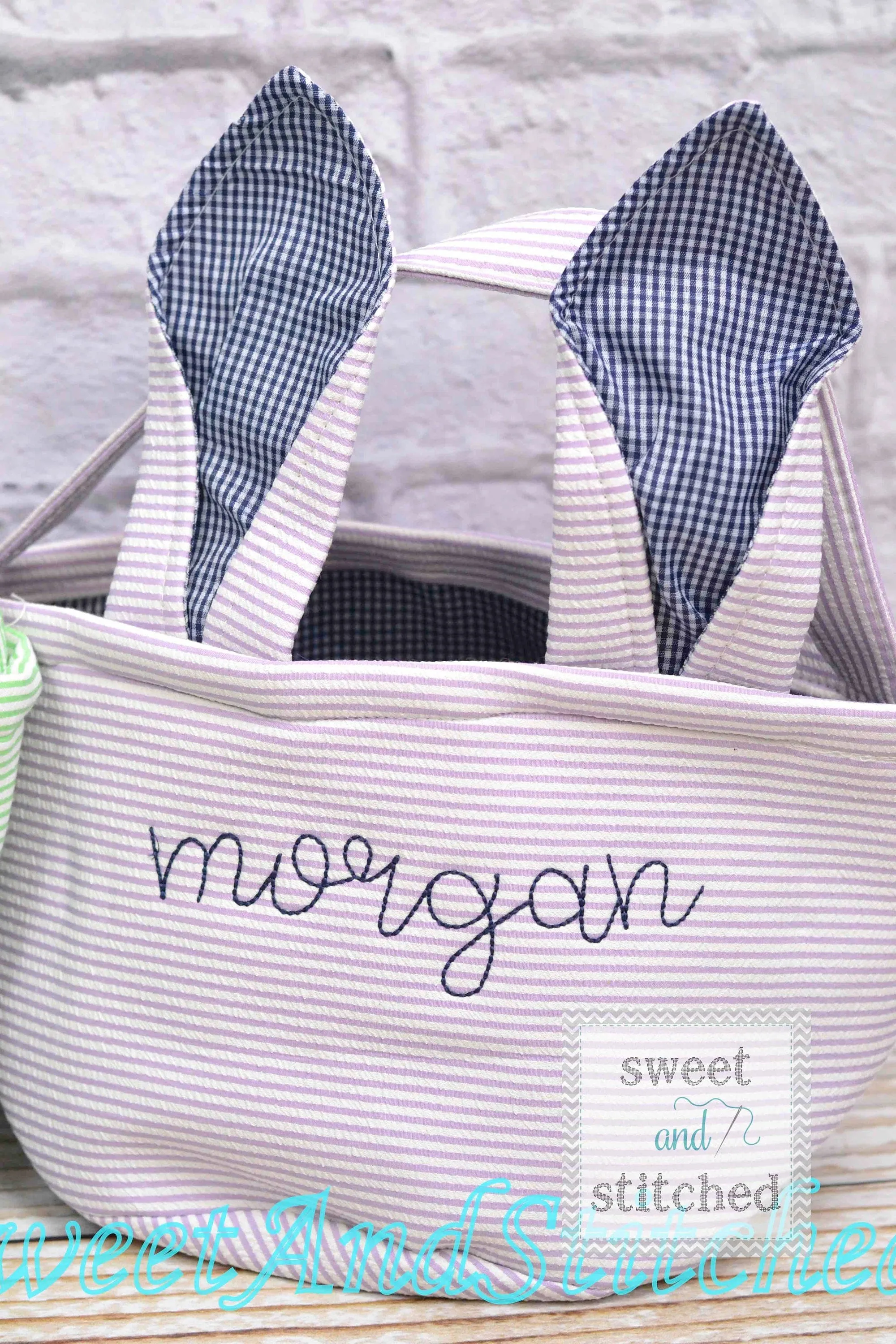 Monogrammed Easter baskets in pink, purple, and blue seersucker, seersucker easter baskets personalized, seersucker tote bags monogrammed
