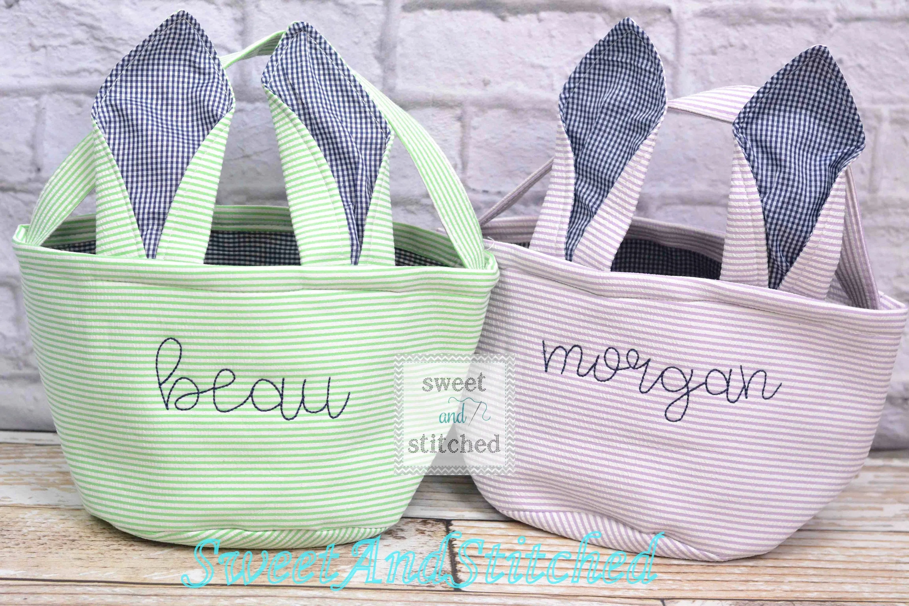 Monogrammed Easter baskets in white seersucker with carrot design, easter baskets personalized, seersucker tote bags monogrammed