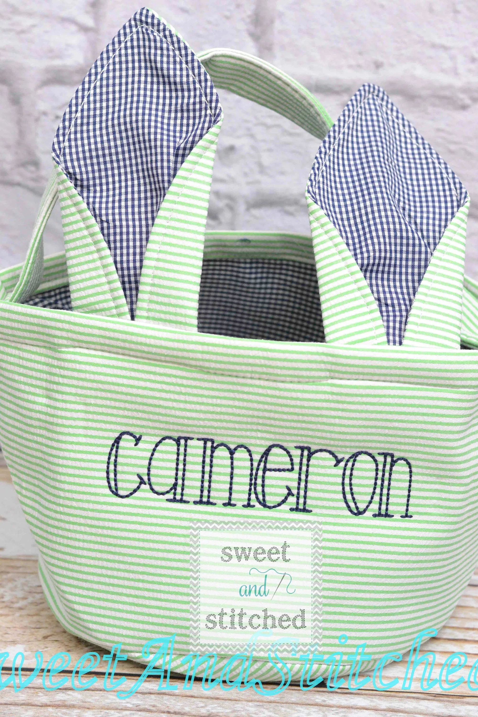 Monogrammed Easter baskets in white seersucker with carrot design, easter baskets personalized, seersucker tote bags monogrammed