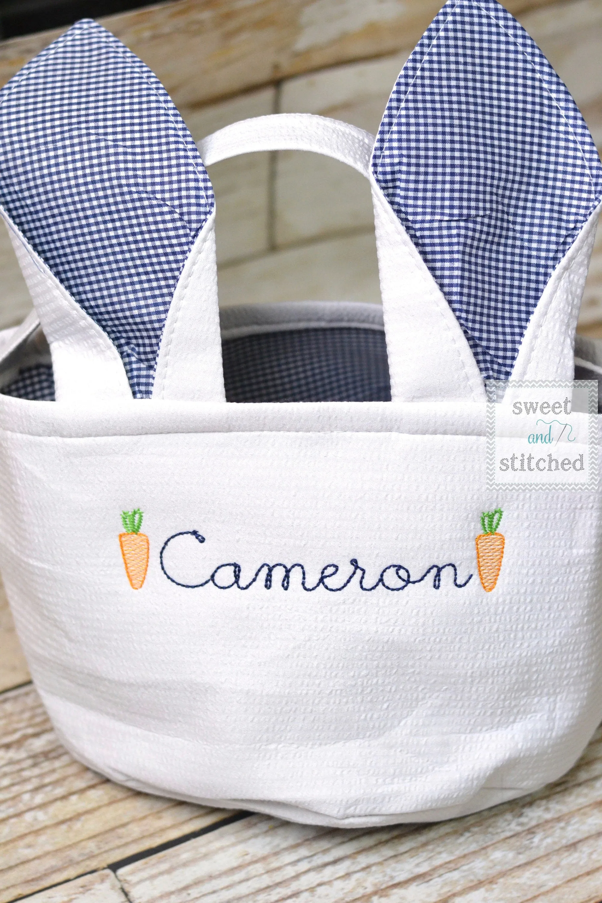 Monogrammed Easter baskets in white seersucker with carrot design, easter baskets personalized, seersucker tote bags monogrammed