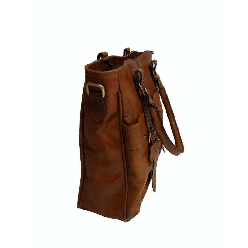 Premium Leather Buckle Front Tote - Tan
