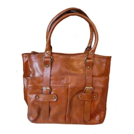 Premium Leather Buckle Front Tote - Tan