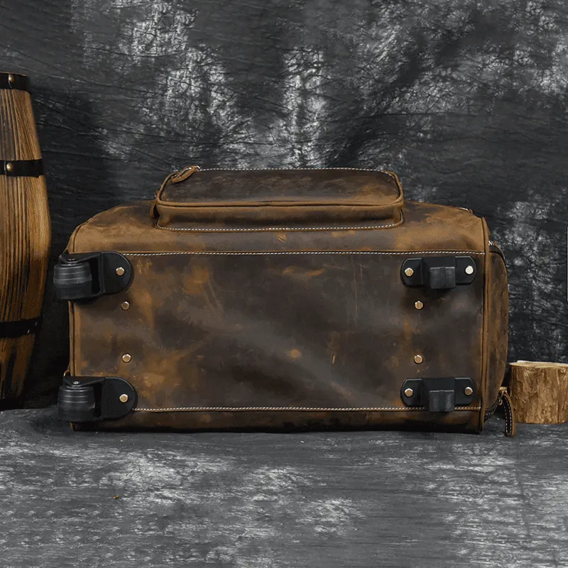 Premium Leather Travel Duffel Bag With Wheels 2 Brown