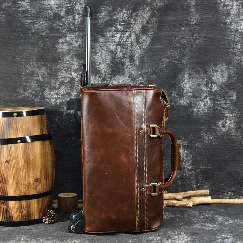 Premium Leather Travel Duffel Bag With Wheels 2 Brown
