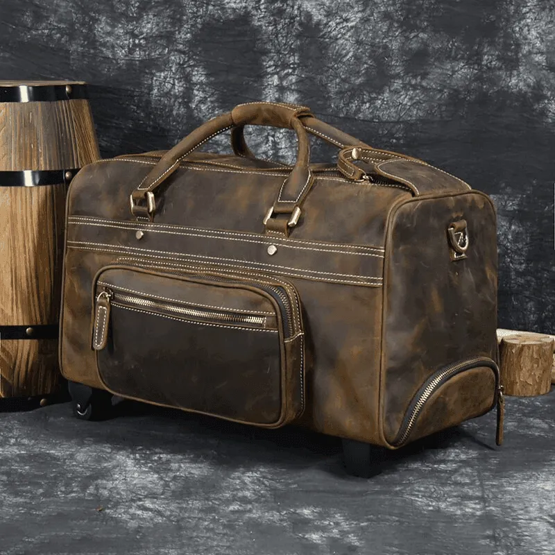Premium Leather Travel Duffel Bag With Wheels 2 Brown