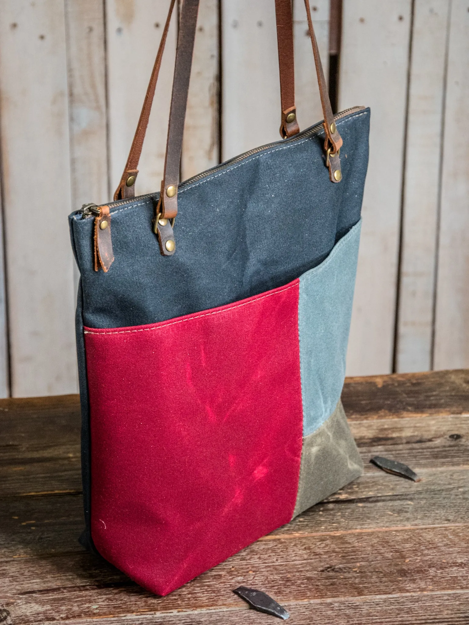 Ready To Ship | OOAK | The Tall North South Waxed Canvas tote with Front Pocket | olive | PW12