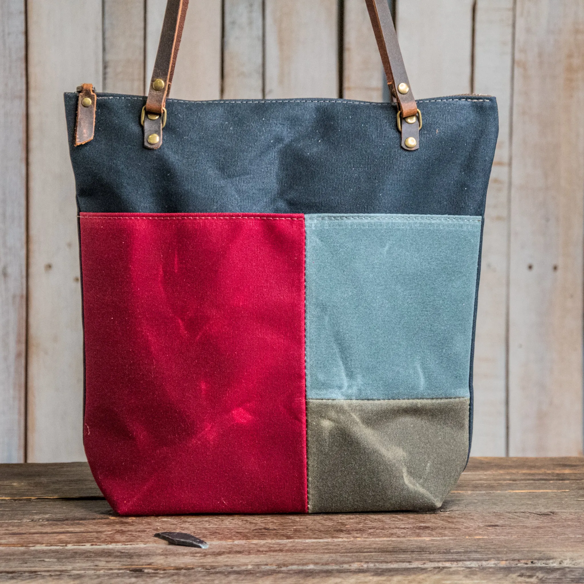 Ready To Ship | OOAK | The Tall North South Waxed Canvas tote with Front Pocket | olive | PW12