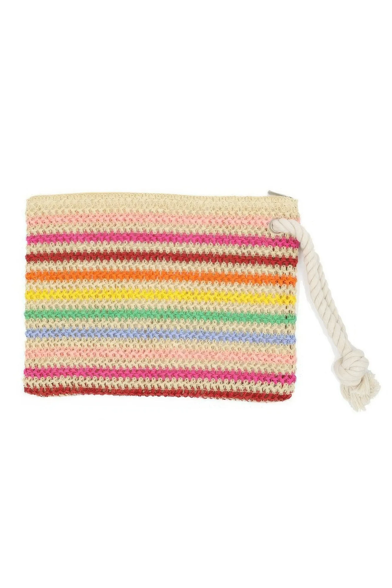 Rope Handle Multicolor Striped Straw Crochet Pouch