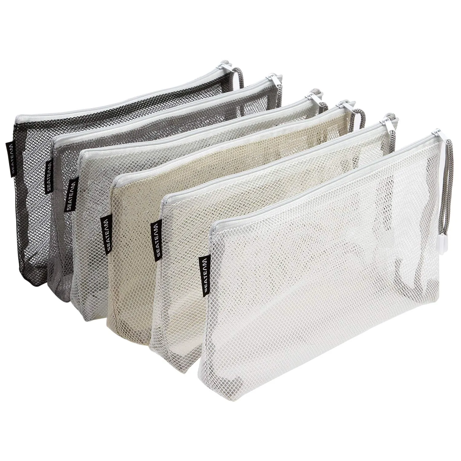 Sea Team 6pcs Multicolored Portable Travel Toiletry Pouch Nylon Mesh Cosmetic Makeup Organizer Bag with Zipper, Monochrome