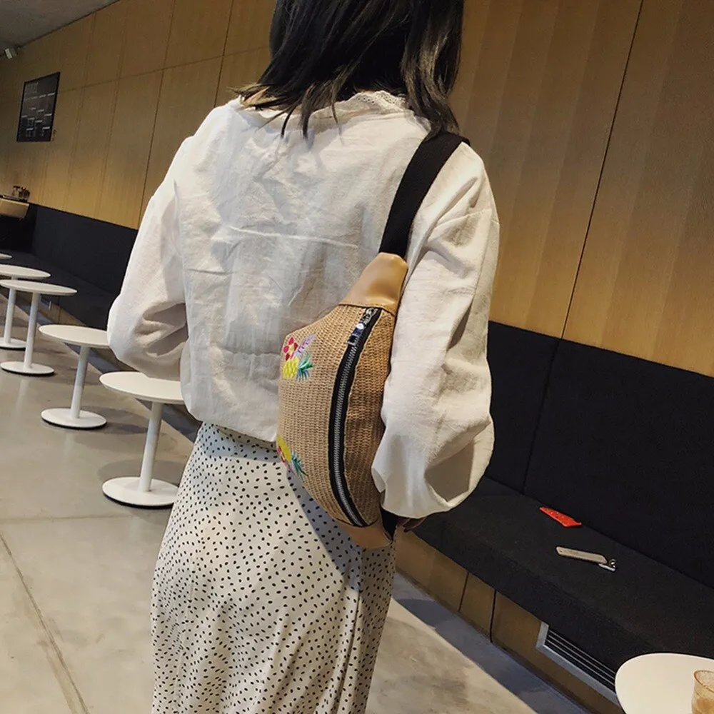 Sidiou Grouo Outdoor Straw Braided Woven Beach Waist Bag Fashion Flower Pattern TravelWaist Pack