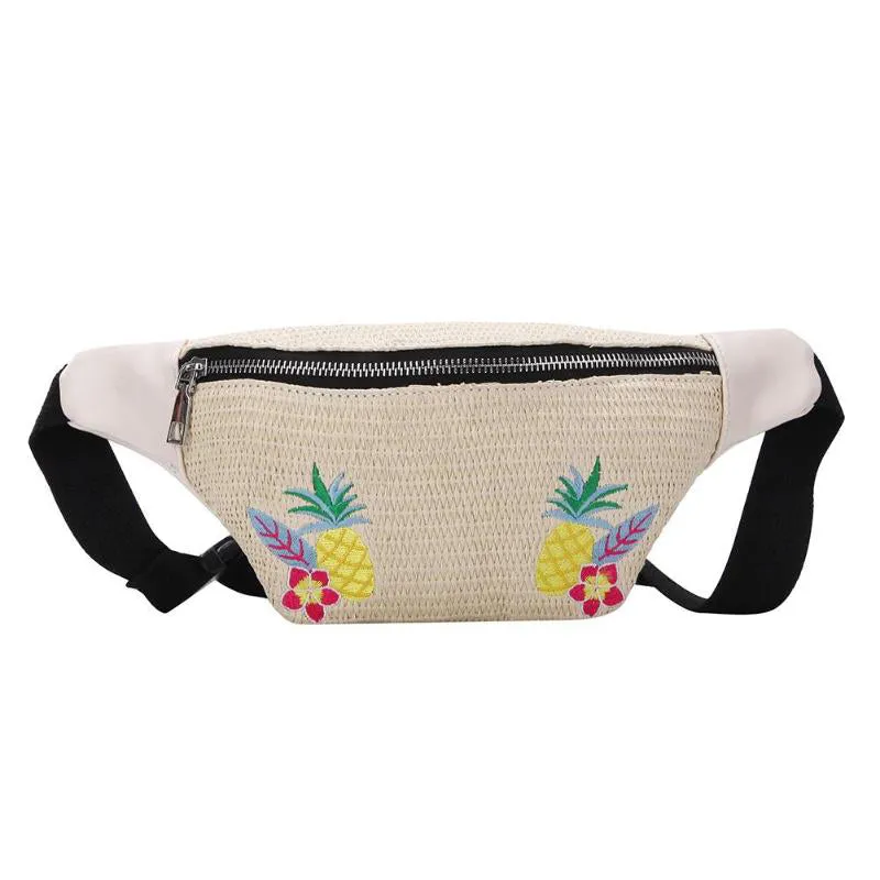 Sidiou Grouo Outdoor Straw Braided Woven Beach Waist Bag Fashion Flower Pattern TravelWaist Pack