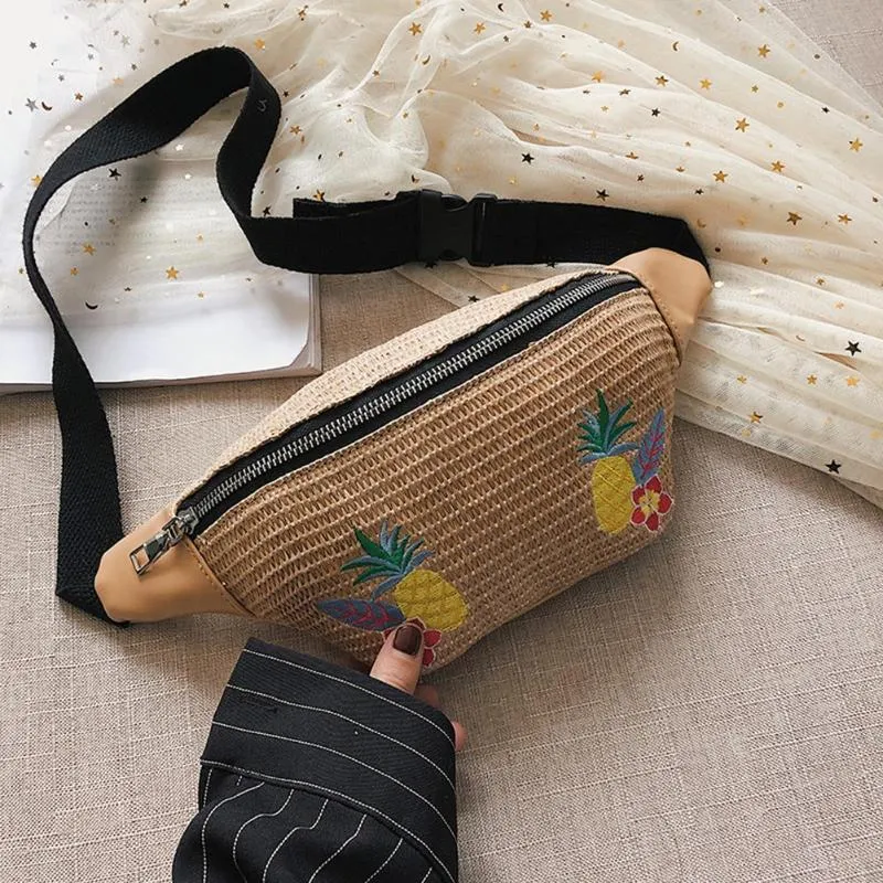 Sidiou Grouo Outdoor Straw Braided Woven Beach Waist Bag Fashion Flower Pattern TravelWaist Pack