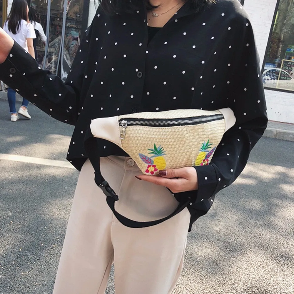 Sidiou Grouo Outdoor Straw Braided Woven Beach Waist Bag Fashion Flower Pattern TravelWaist Pack