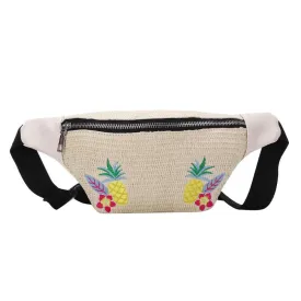 Sidiou Grouo Outdoor Straw Braided Woven Beach Waist Bag Fashion Flower Pattern TravelWaist Pack