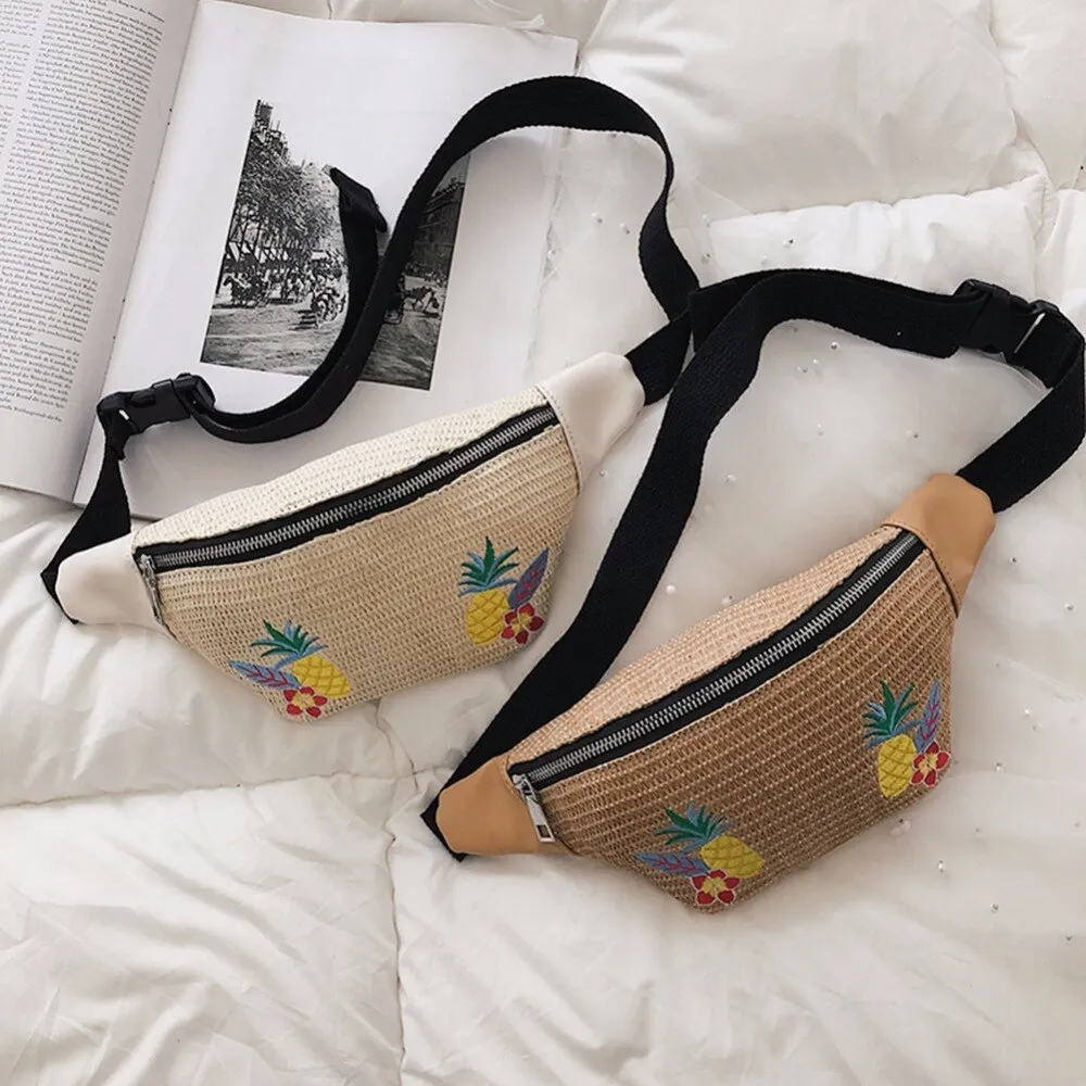 Sidiou Grouo Outdoor Straw Braided Woven Beach Waist Bag Fashion Flower Pattern TravelWaist Pack