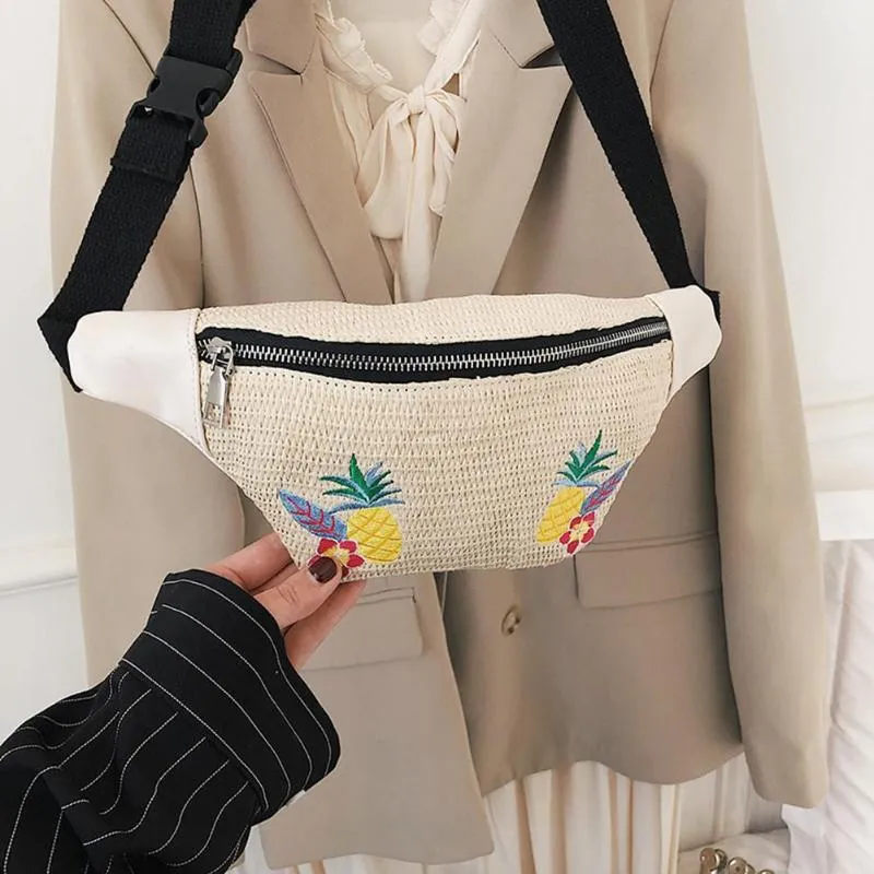 Sidiou Grouo Outdoor Straw Braided Woven Beach Waist Bag Fashion Flower Pattern TravelWaist Pack