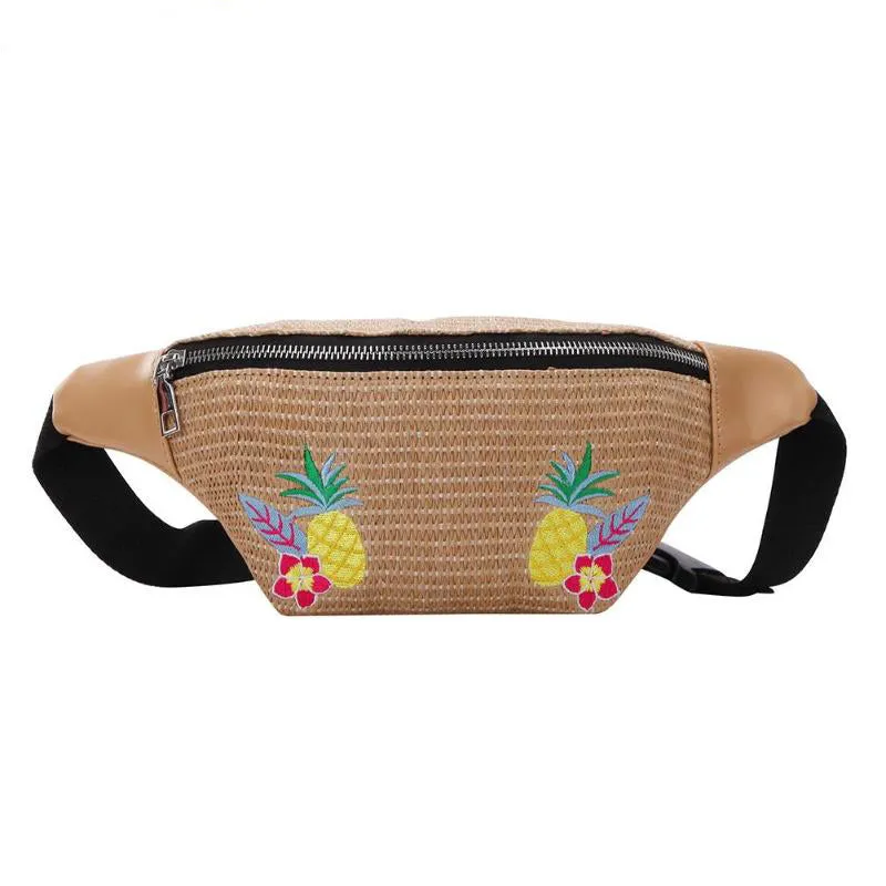 Sidiou Grouo Outdoor Straw Braided Woven Beach Waist Bag Fashion Flower Pattern TravelWaist Pack