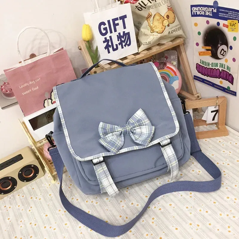 Sohiwoo Cute Lattice Bowknot Student Backpack Girl Backpack Student School Large Capacity Japanese Shoulder Bag Messenger Bag