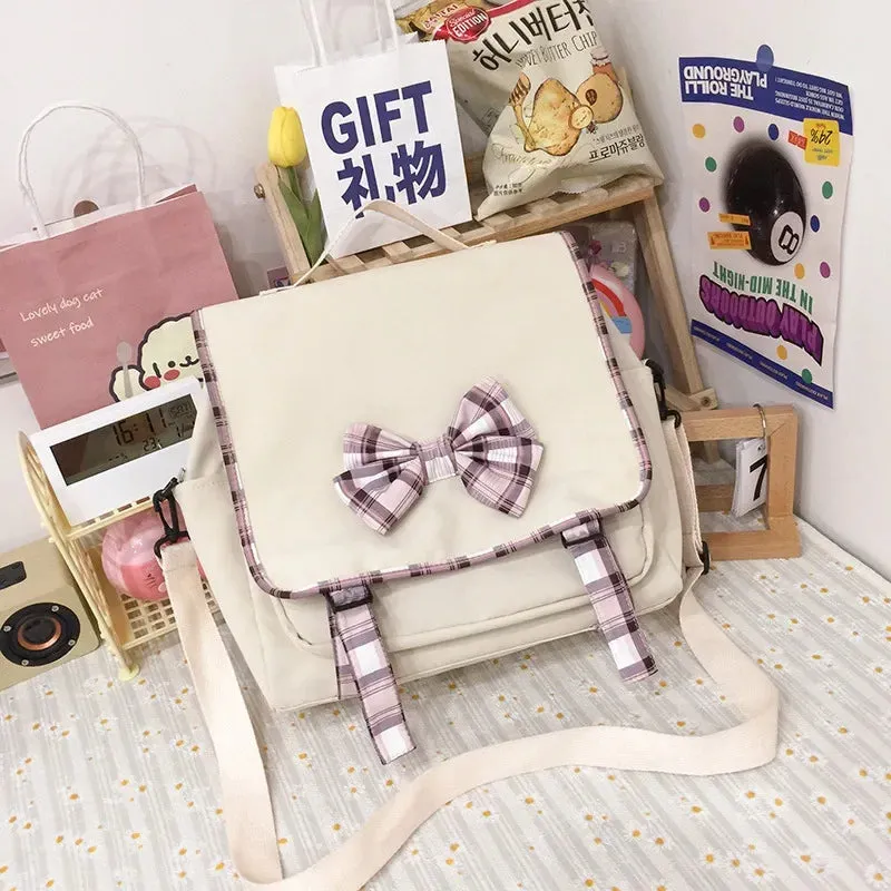 Sohiwoo Cute Lattice Bowknot Student Backpack Girl Backpack Student School Large Capacity Japanese Shoulder Bag Messenger Bag